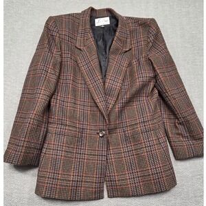 Le Suit Vintage Brown Plaid Wool Blend Blazer Jacket Women Size 14 Single Button